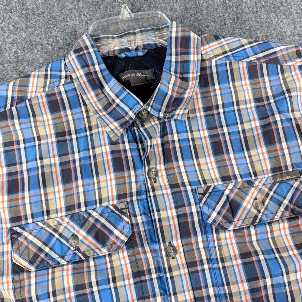 Eddie Bauer Mens Large Blue Plaid Short Sleeve Button Down Shirt Mesh Back L